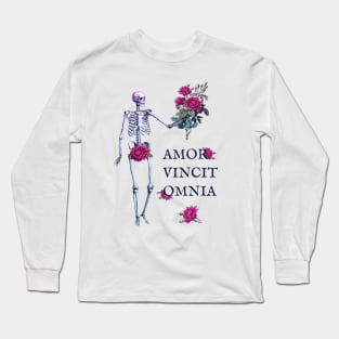 Amor Vincit Omnia skeleton and roses white Long Sleeve T-Shirt